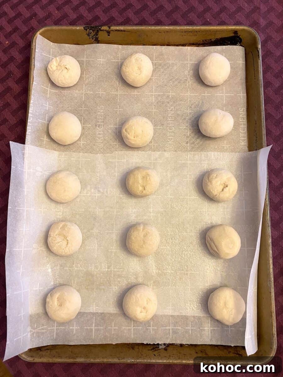 Frozen Rhodes dinner rolls placed in rows on a baking sheet