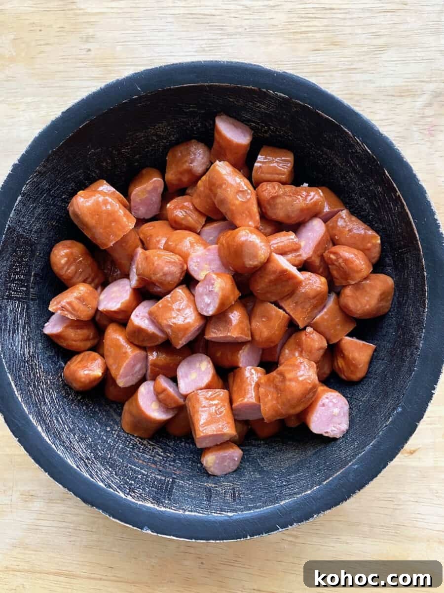 Diced little smokies in a bowl