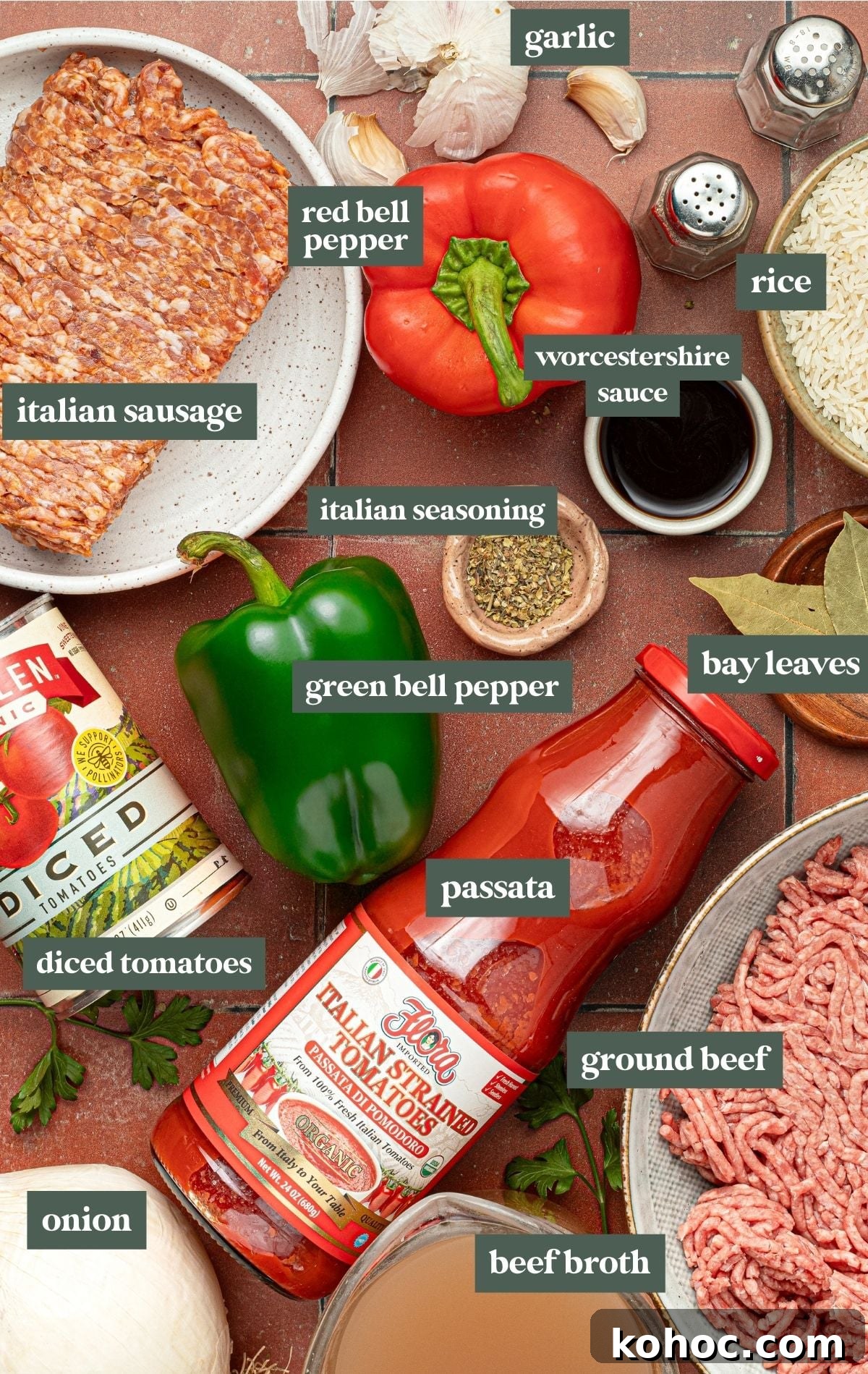 ingredients needed to make slow cooker stuffed bell pepper soup, with text labels of each item.