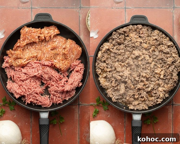 side by side of two cast iron skillets. left side has ground beef and sausage uncooked. right side has them browned.