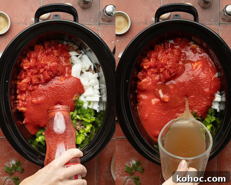 side by side images. left side shows black crock pot with diced onion, peppers, and tomatoes with a bottle of passata being poured in. right side shows beef broth being poured into the same crockpot