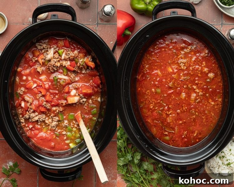 side by side images of black crockpot. left side shows soup ingredients near the top with a wooden spoon sticking out. right side shows ingredients all mixed