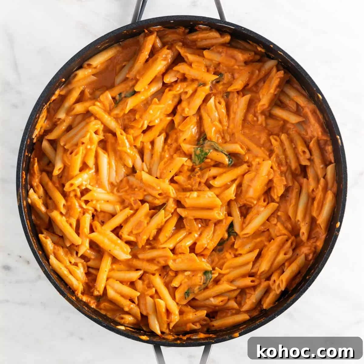 Vegan pasta sauce in a skillet with penne.