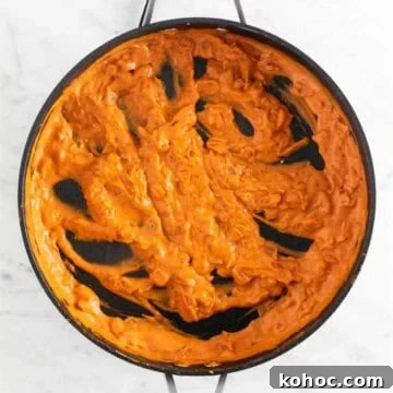 Vegan pasta sauce in a skillet before adding the basil.