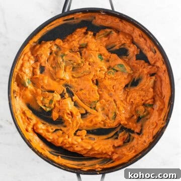 Vegan pasta sauce in a skillet.