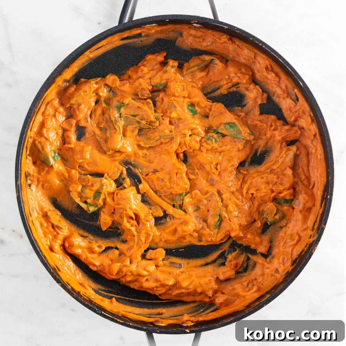 Vegan pasta sauce in a skillet.