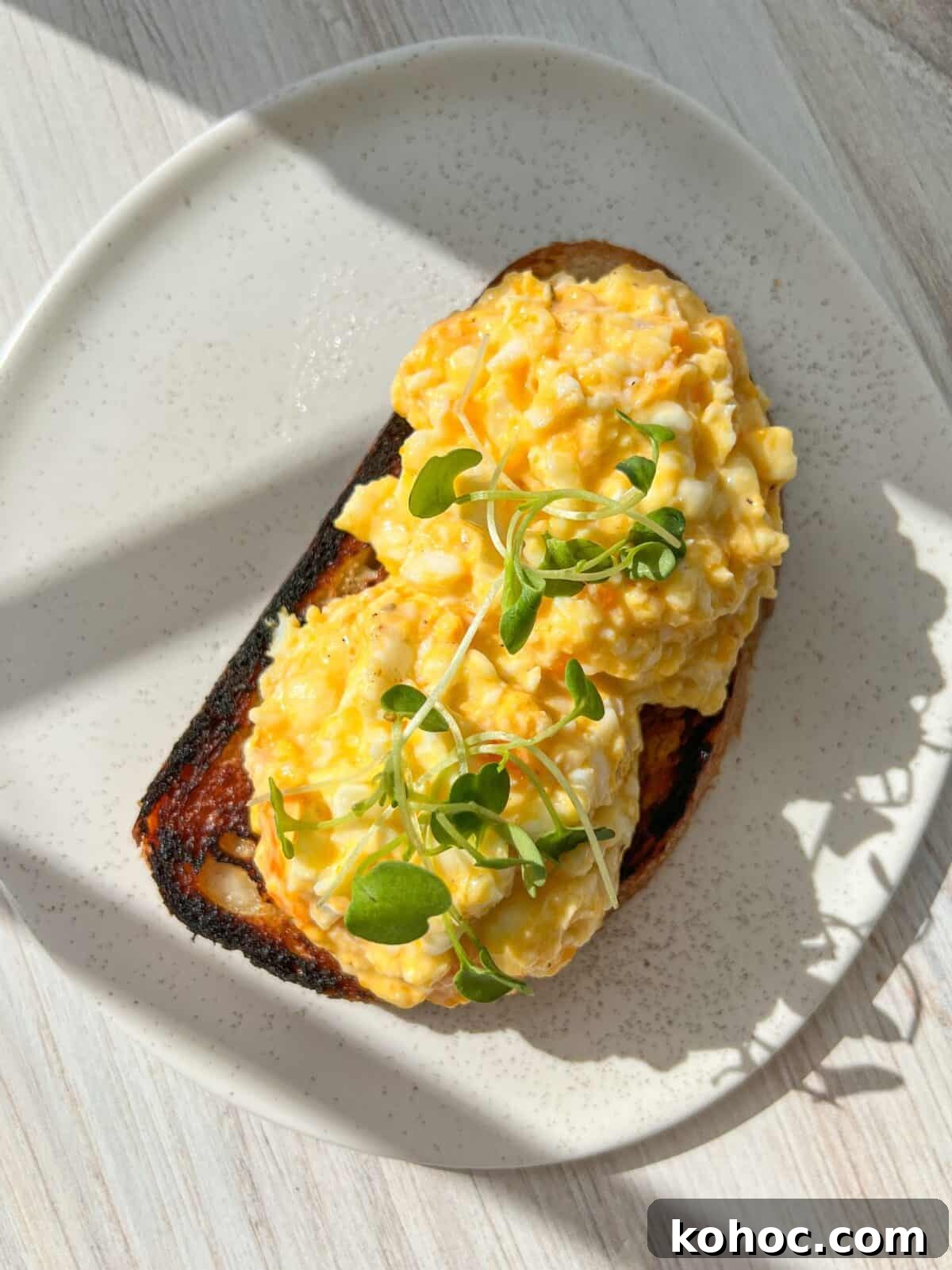 30 High-Protein Dinner Recipes for Muscle & Weight Goals 3 A plate with two slices of toast topped with scrambled eggs and garnished with microgreens. The high protein toast is slightly charred, and sunlight casts shadows on the white, speckled plate and wooden table surface.