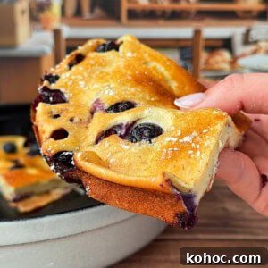30 High-Protein Dinner Recipes for Muscle & Weight Goals 4 A hand holds up a slice of fluffy blueberry cake dusted with powdered sugar.