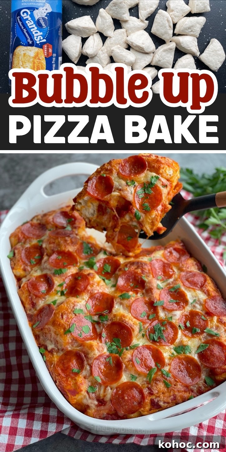 Bubble-Up Biscuit Pizza Casserole Recipe for Family Nights 17 Bubble Up Pizza Bake is an easy dinner recipe made with just a handful of ingredients including store bought biscuits, sauce, cheese and toppings such as pepperoni. I make this simple meal often when I'm tired but have a large family to feed. Super fast to make with hardly any effort at all! One of my family's favorite casseroles.