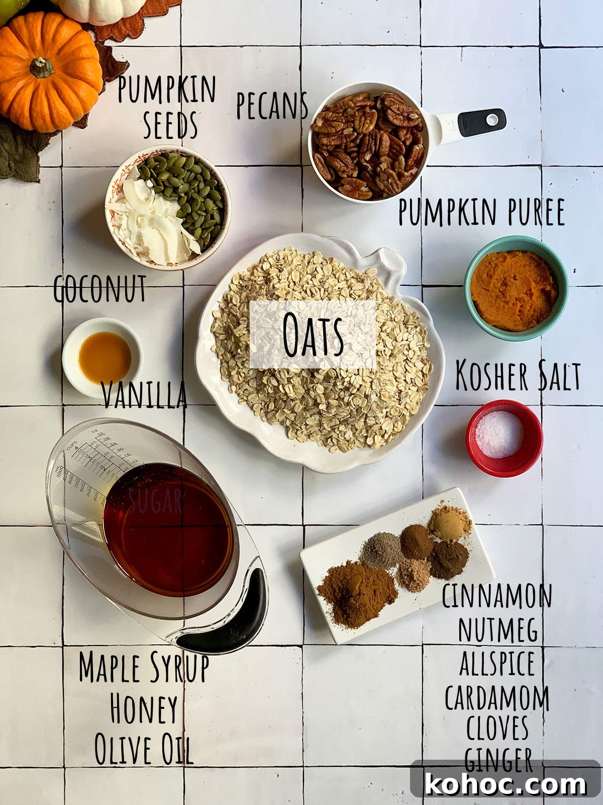 Pumpkin Granola with Maple or Date Syrup 3 Collage of all ingredients for pumpkin pie granola on tile background with labels for each one.