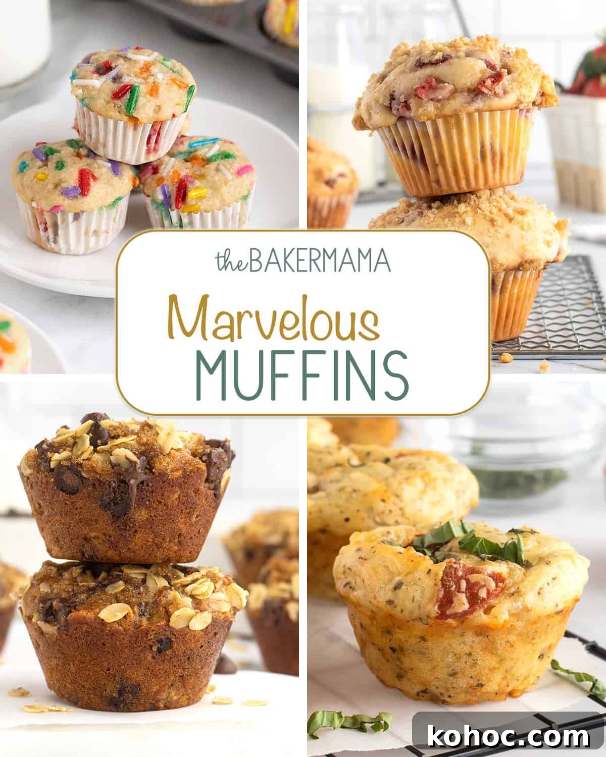Birthday breakfast mini muffins, strawberry streusel muffins, oatmeal chocolate chip greek yogurt muffins, pizza muffins.
