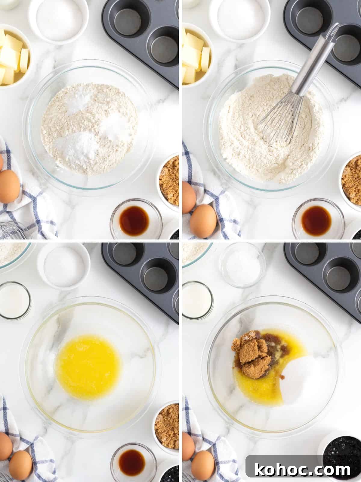 Steps to make blueberry swirl muffin batter.