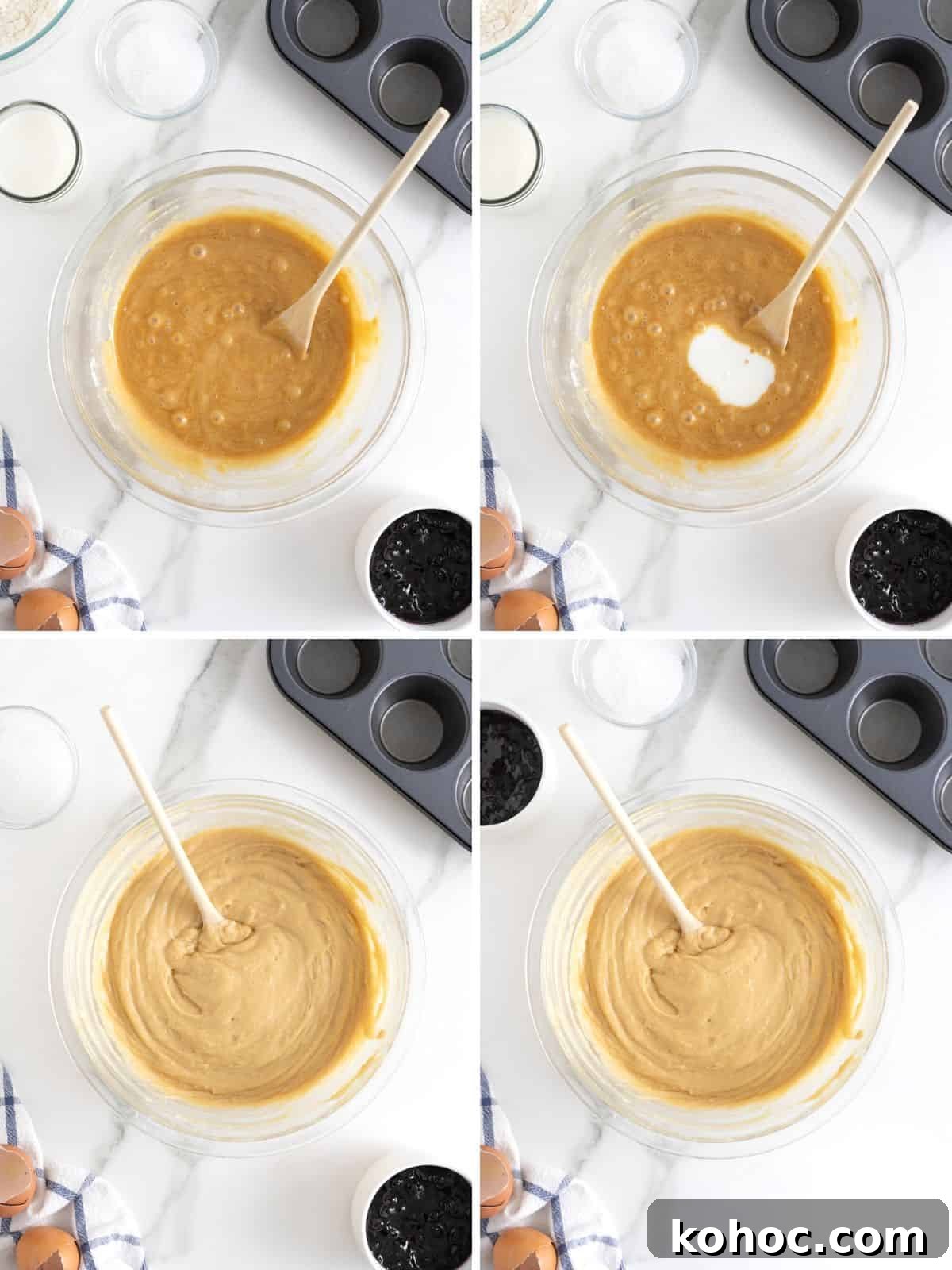 Steps to make blueberry swirl muffins.