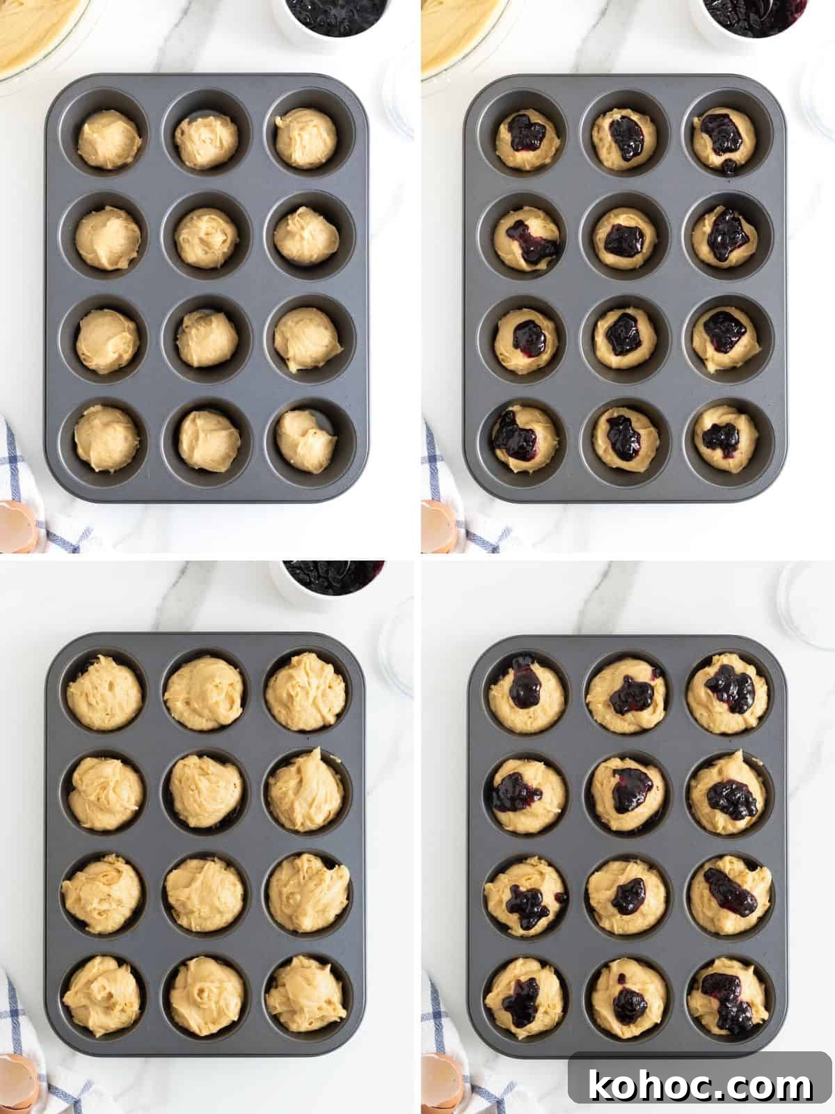 Steps to make blueberry swirl muffins.