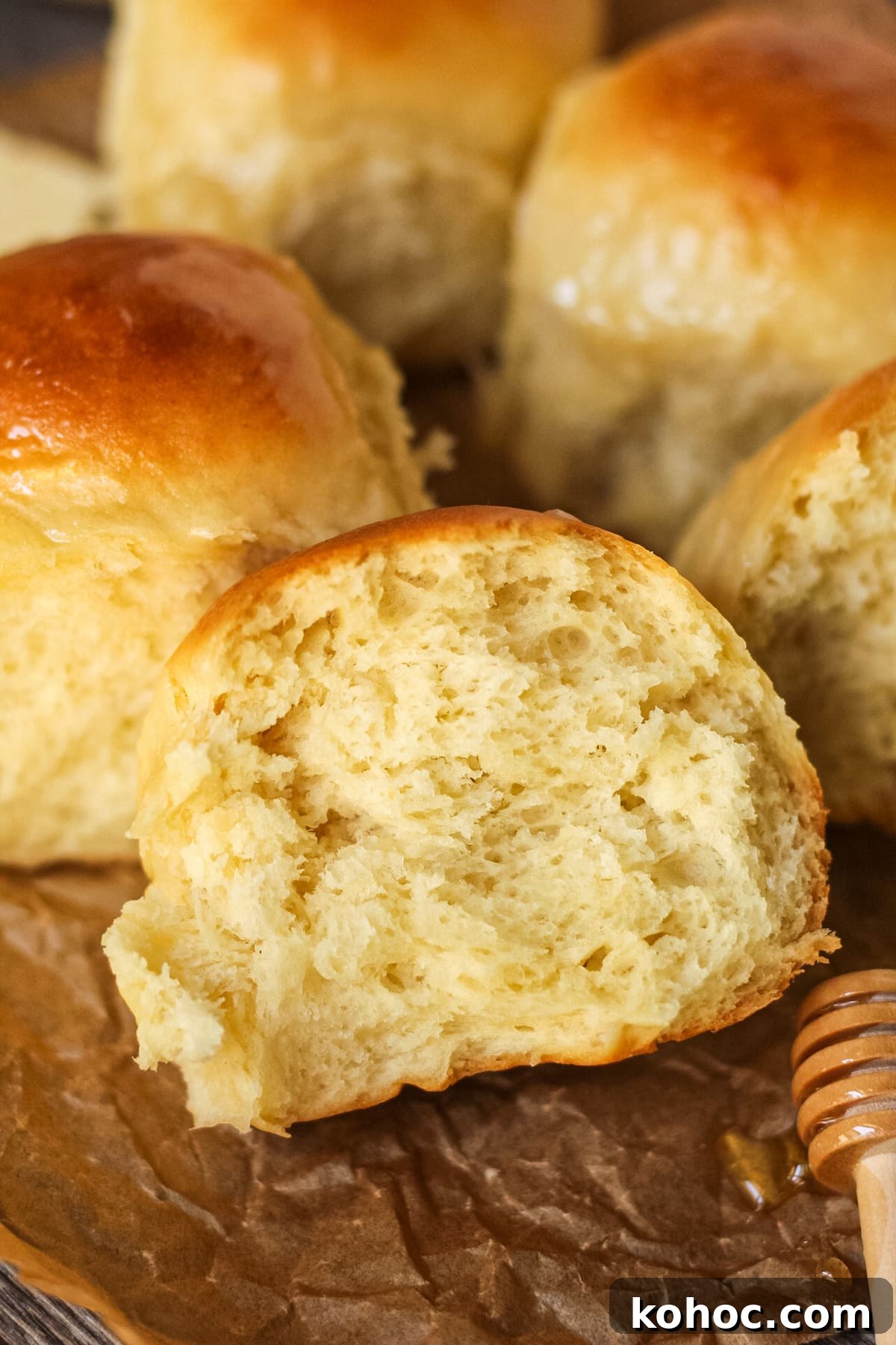 One-Hour Soft and Fluffy Dinner Rolls 7 honey butter dinner rolls on parchment paper. One roll torn open to show texture.