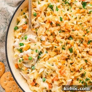 Creamy Chicken Noodle Casserole with Cheesy Crust 2 Overhead view of chicken noodle casserole in a pot