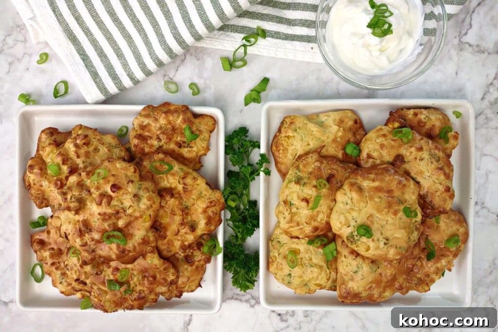 overhead view of two plates filled with air fryer corn fritters