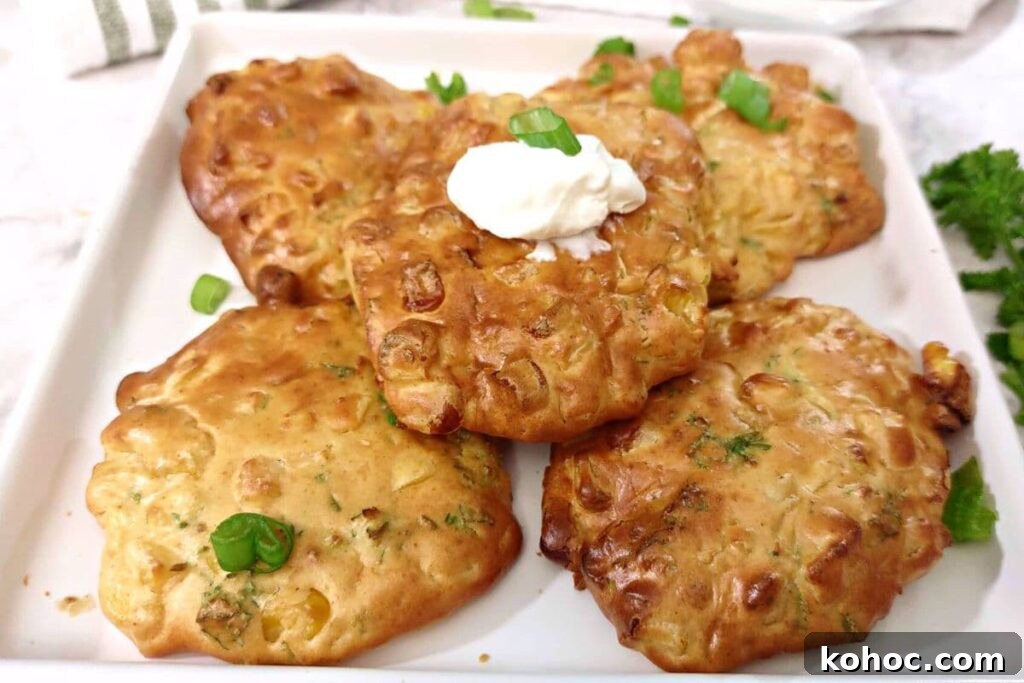 air fryer corn fritters stacked up with sour cream on top