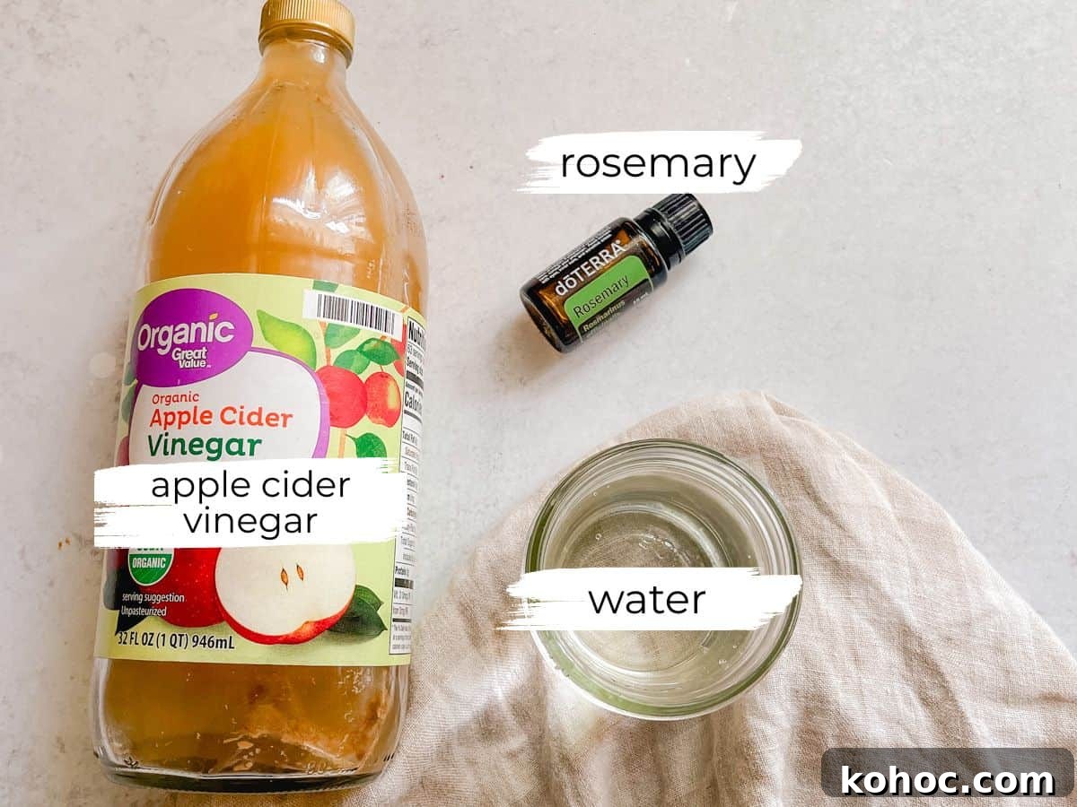 Apple cider vinegar hair rinse ingredients on a white background with labels.