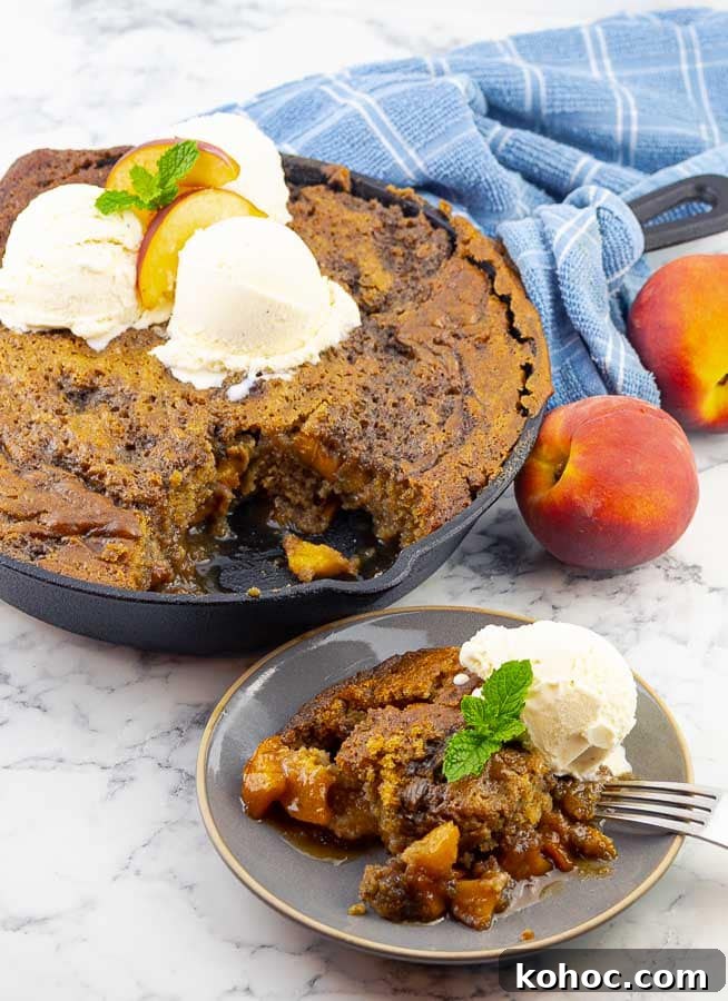 Grilled Fresh Peach Skillet Cake in a Cast Iron Pan 6 grilled fresh peach cast iron skillet cake and a plate of the cake with ice cream