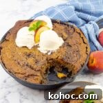 Grilled Fresh Peach Skillet Cake in a Cast Iron Pan 8 grilled fresh peach cast iron skillet cake and a plate of the cake with ice cream