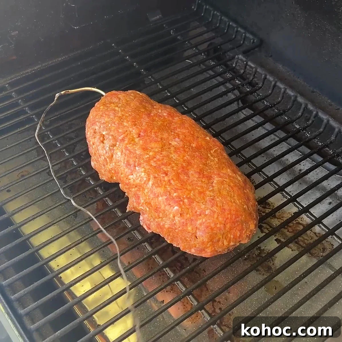 Smoked Meatloaf Recipe for Pellet Grills: Juicy, Flavorful Slice 11 Showing the correct placement of the meat probe in the raw meatloaf.