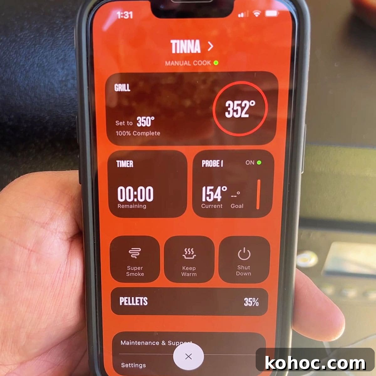 Smoked Meatloaf Recipe for Pellet Grills: Juicy, Flavorful Slice 12 Traeger phone app showing the internal temperature of 155 degrees.
