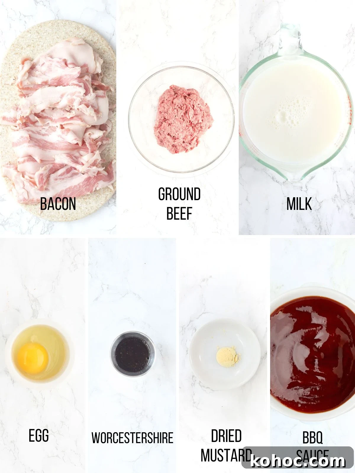 Smoked Meatloaf Recipe for Pellet Grills: Juicy, Flavorful Slice 4 Collage of ingredients needed to make BBQ meatloaf with bacon.