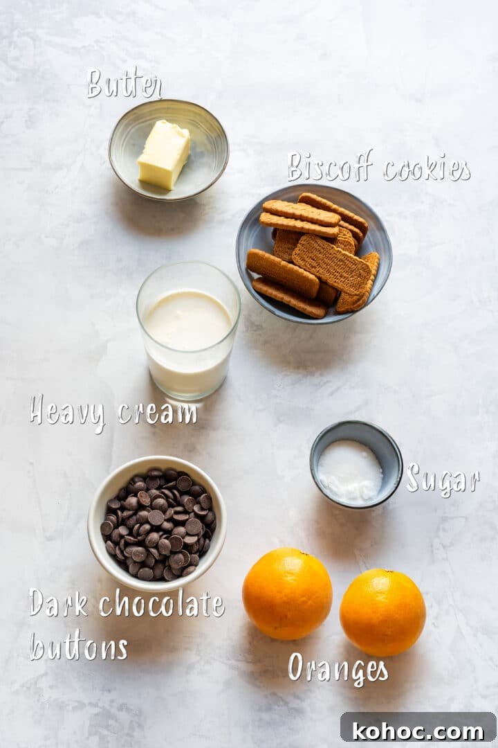 Decadent Chocolate Orange Tart Recipe with Zesty Ganache 3 Ingredients for chocolate orange tart: Biscoff cookies, heavy cream, dark chocolate, butter, sugar and oranges.