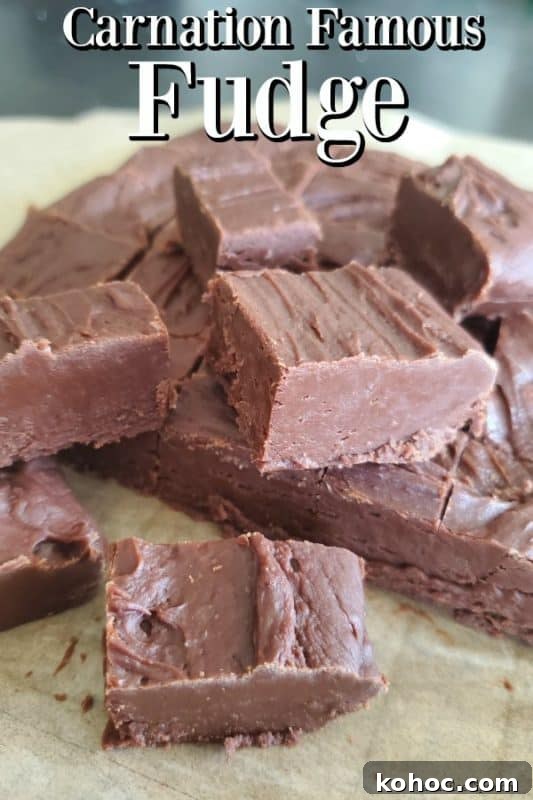 Classic Carnation Condensed Milk Fudge Recipe (Video) 2 Carnation Famous Fudge text over a large pile of chocolate fudge
