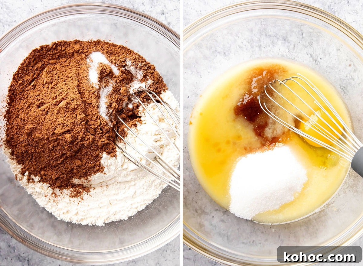 Chewy Fudgy Brownie Bites Recipe for Rich Chocolate Snacking 5 Two photos showing How to Make Brownie Bites - whisking dry ingredients and wet ingredients in mixing bowls.