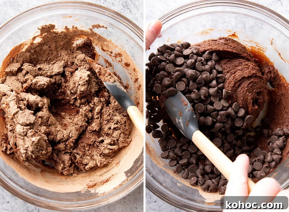 Chewy Fudgy Brownie Bites Recipe for Rich Chocolate Snacking 6 Two photos show How Do You Make Brownie Bites - folding batter together and adding chocolate chips.