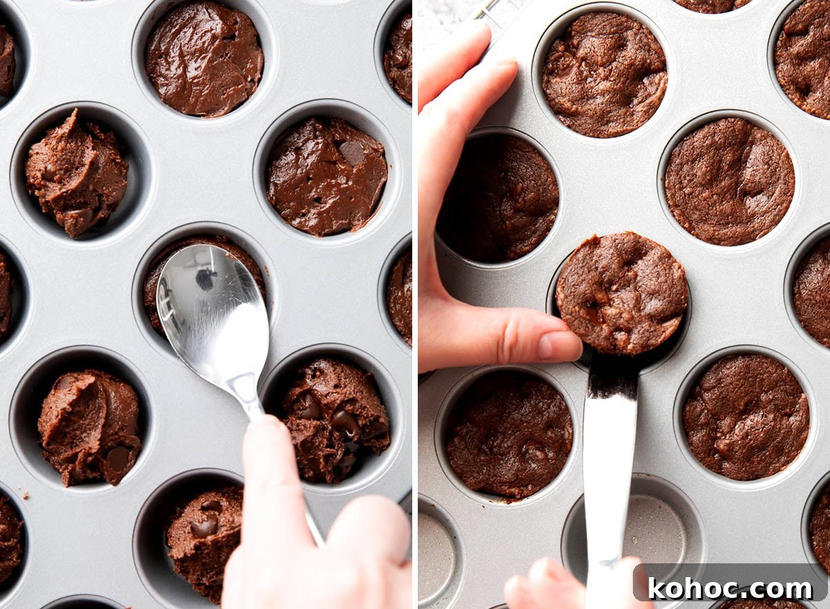 Chewy Fudgy Brownie Bites Recipe for Rich Chocolate Snacking 7 Two photos showing How to Make Brownie Bites - using a spoon to smooth thick batter into pan and lifting out with a butter knife after baking.