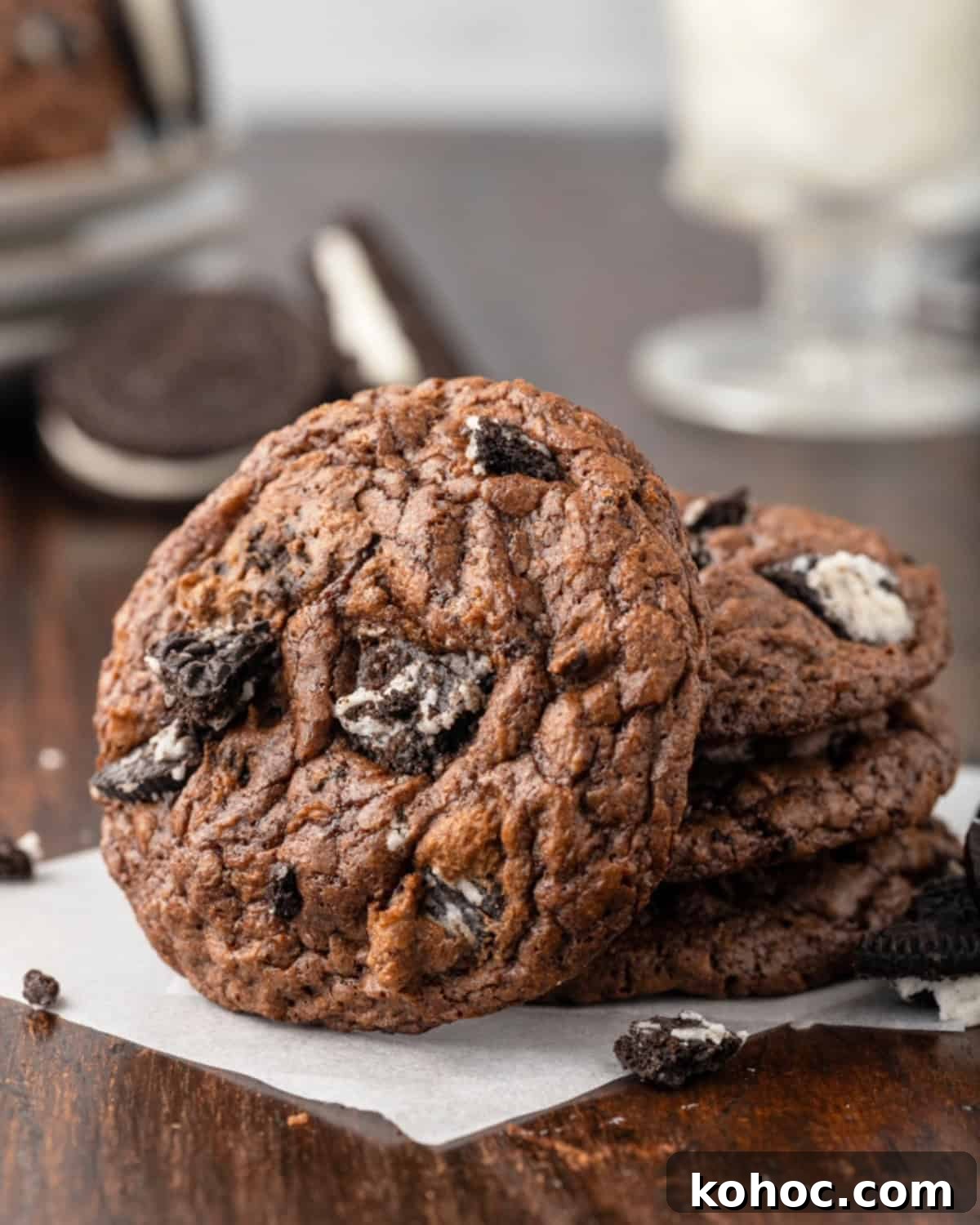 Oreo Brownie Mix Cookie Recipe — Fudgy Oreo Cookies 2 Oreo brownie mix cookies stacked on top of each other.