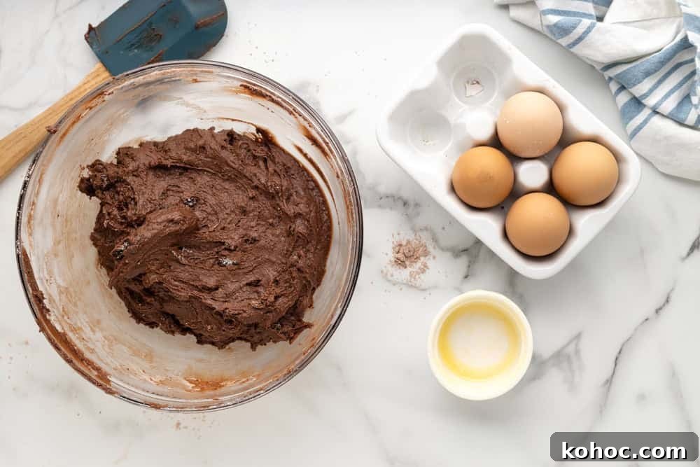 Oreo Brownie Mix Cookie Recipe — Fudgy Oreo Cookies 12 Brownie cookie dough in a mixing bowl, next to carton of eggs.