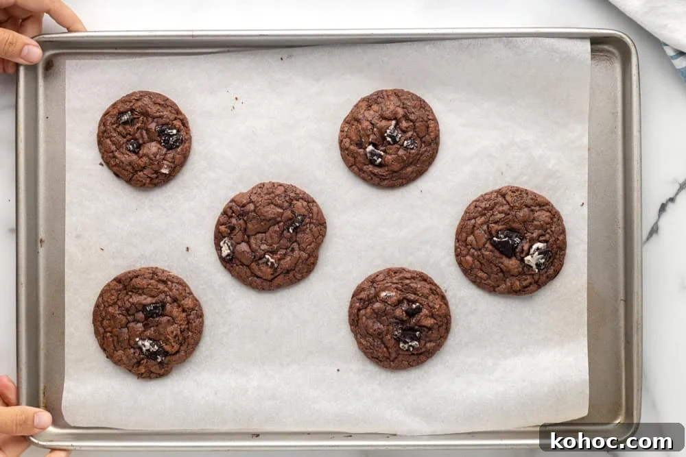 Oreo Brownie Mix Cookie Recipe — Fudgy Oreo Cookies 14 Baked Oreo brownie cookies on a baking tray.