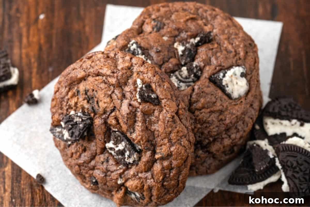 Oreo Brownie Mix Cookie Recipe — Fudgy Oreo Cookies 3 Brownie mix cookies stuffed with Oreos, on a wooden table.