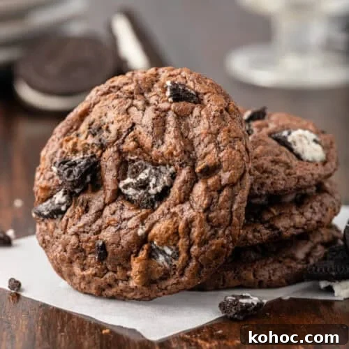 Oreo Brownie Mix Cookie Recipe — Fudgy Oreo Cookies 4 Four oreo brownie mix cookies stacked on top of each other.