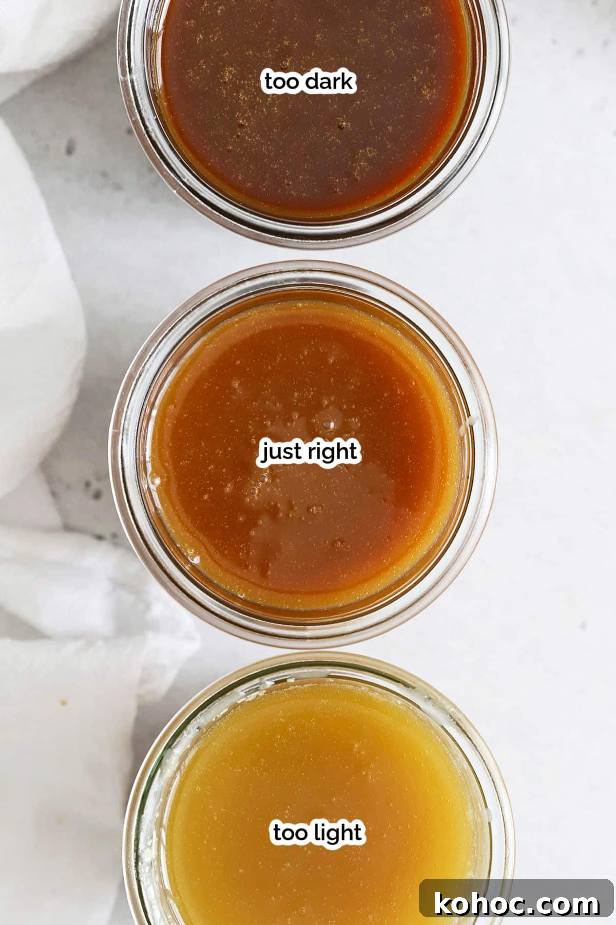 Homemade Caramel Sauce Recipe for Drizzling and Desserts 7 three jars of caramel sauce with different doneness-too dark, just right, and too light.