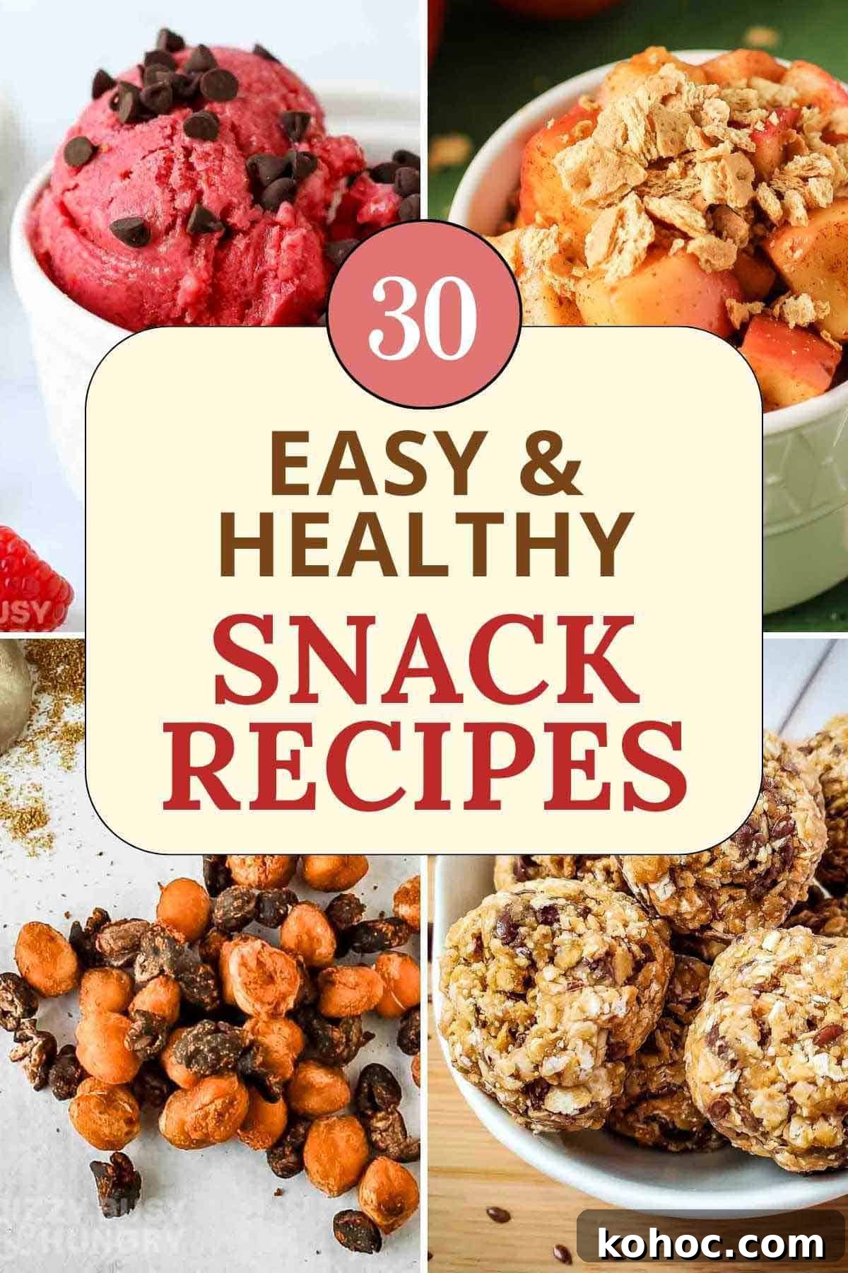 4 photo collage of some of the healthy snack options highlighted in the article.