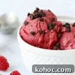 Side shot of raspberry frozen yogut with chocolate chips in a white bowl with raspberries on the side.