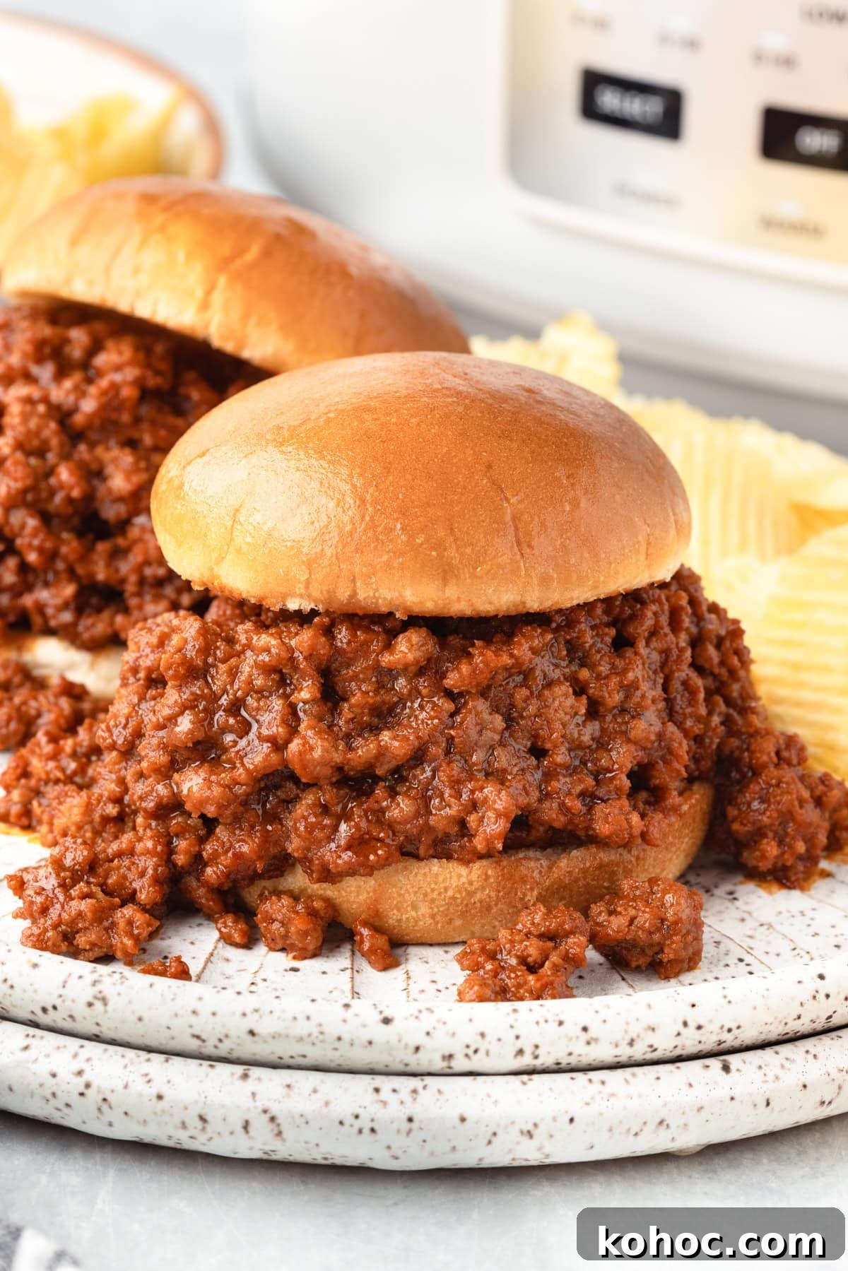 Slow-Cooker Sloppy Joes Recipe for Tender, Saucy Sandwiches 2 Two sloppy joe sandwiches with savory ground beef filling on soft buns, served on a speckled plate with ridged potato chips in the background.