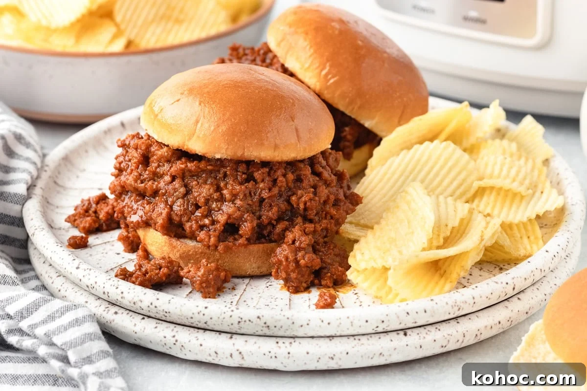 Slow-Cooker Sloppy Joes Recipe for Tender, Saucy Sandwiches 5 Two sloppy joe sandwiches on a plate with a serving of ridged potato chips on the side.