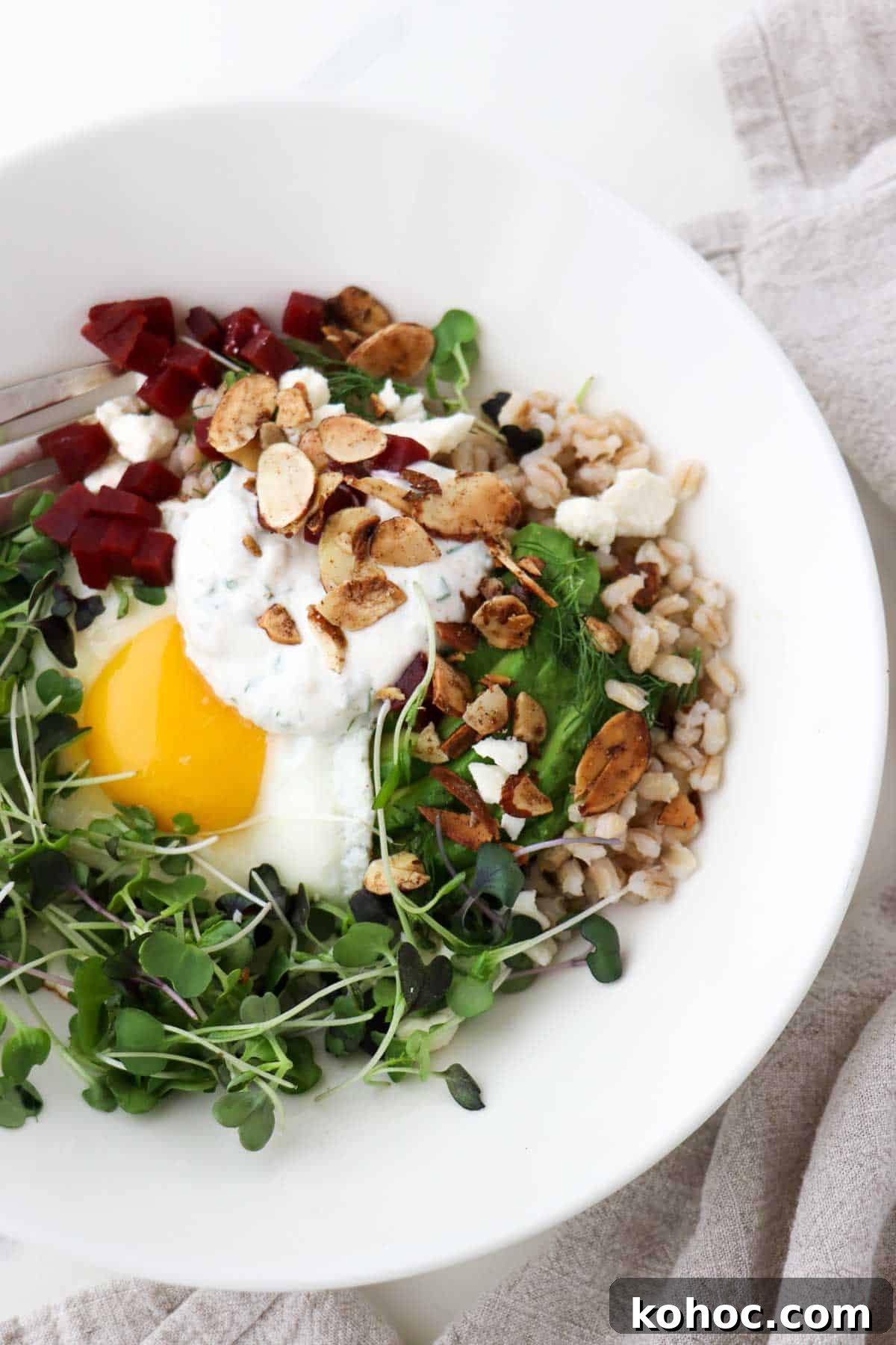 Hearty Savory Barley Breakfast Bowls for Morning Protein 2 Overhead view of Savory Barley Breakfast Bowl.