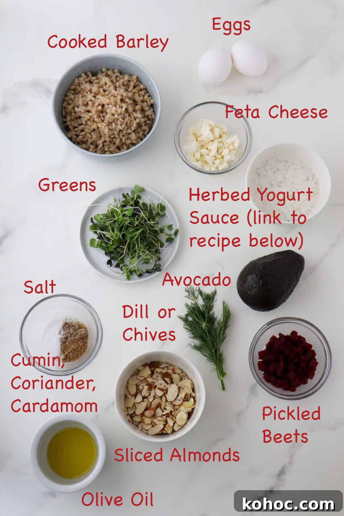Hearty Savory Barley Breakfast Bowls for Morning Protein 3 Labeled ingredients for Savory Barley Breakfast Bowls.