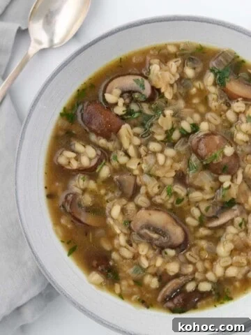Close up of a bowl of mushroom and barley soup next to a spoon.