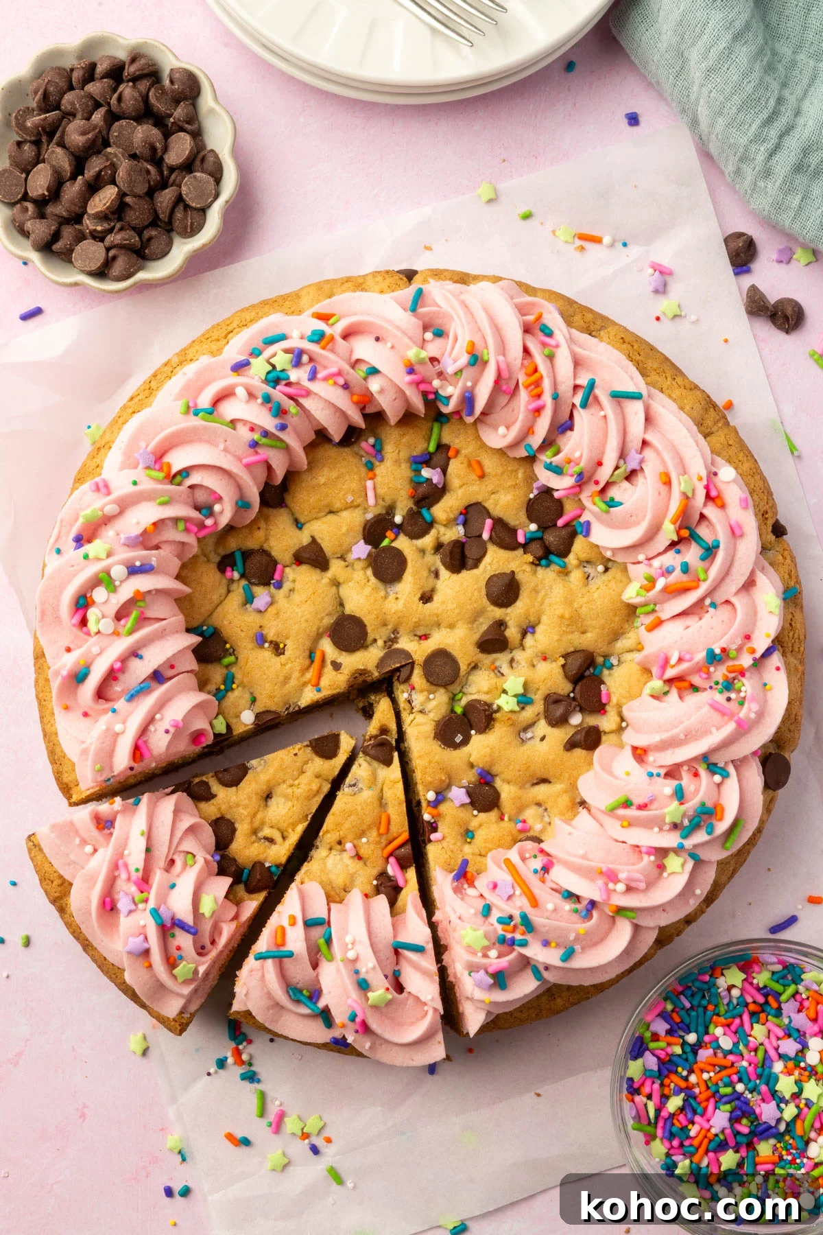 Gluten-Free Cookie Cake Recipe — Soft, Chewy Dessert Cake 2 Top-down view of a gluten-free cookie cake with two slices cut and slightly pulled apart, revealing soft texture and decorated frosting.