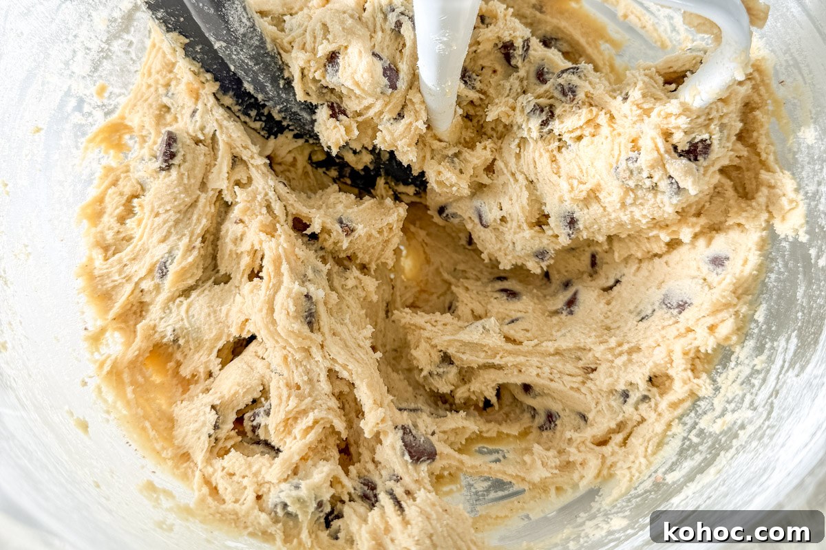 Gluten-Free Cookie Cake Recipe — Soft, Chewy Dessert Cake 11 Fully mixed gluten-free chocolate chip cookie dough in a bowl, ready to be baked.