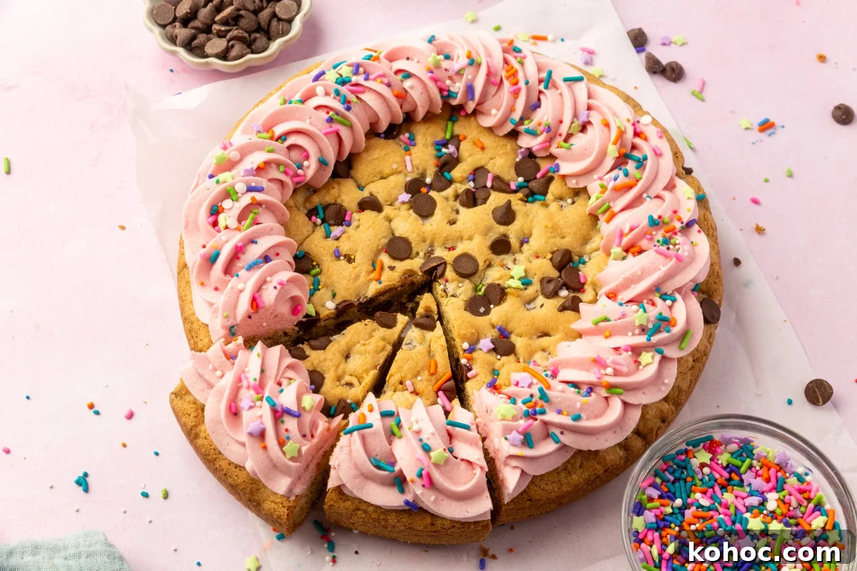 Gluten-Free Cookie Cake Recipe — Soft, Chewy Dessert Cake 14 Angled view of a gluten-free cookie cake with two slices cut, showcasing pink frosting rosettes and rainbow sprinkles on a parchment-lined surface.