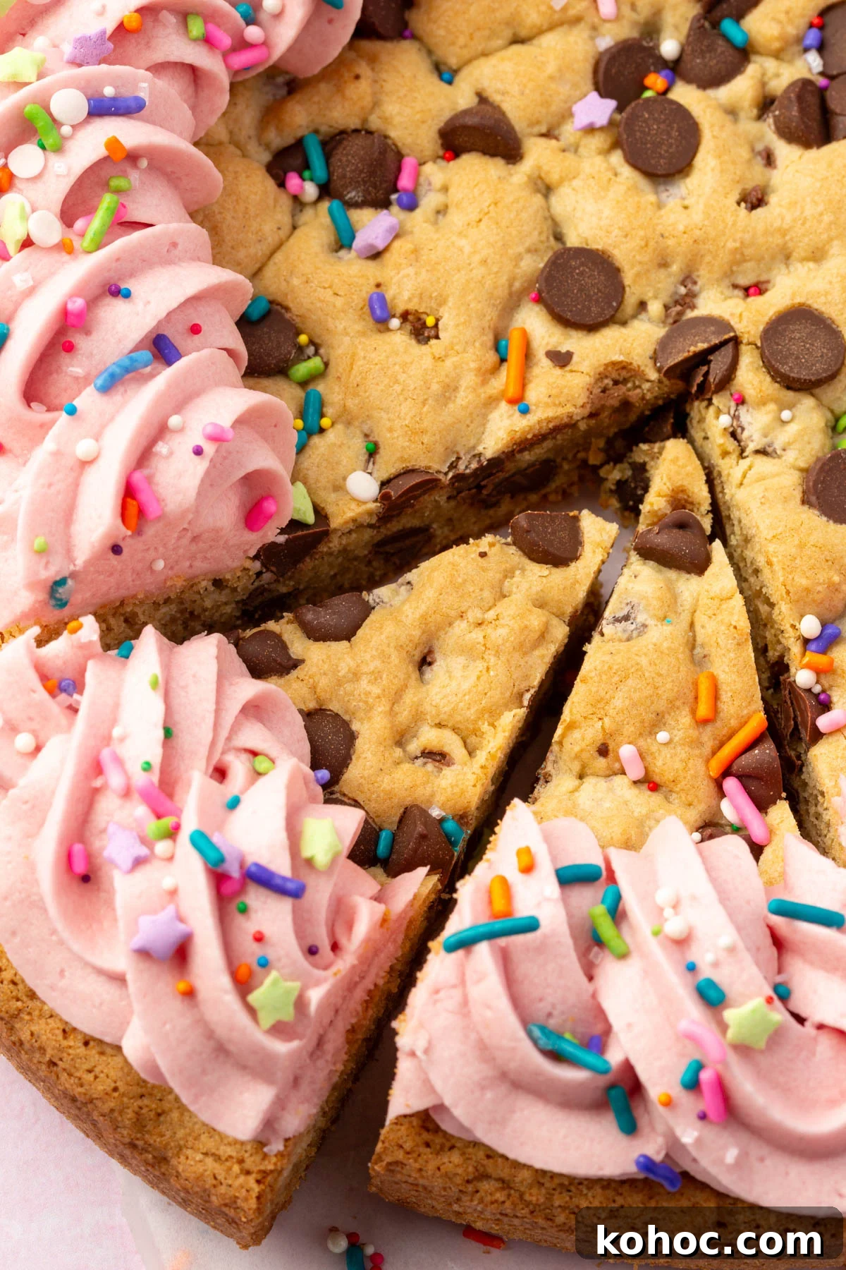 Gluten-Free Cookie Cake Recipe — Soft, Chewy Dessert Cake 4 Close-up view of two slices cut from a gluten-free cookie cake, showing chocolate chips and pink piped frosting topped with sprinkles.